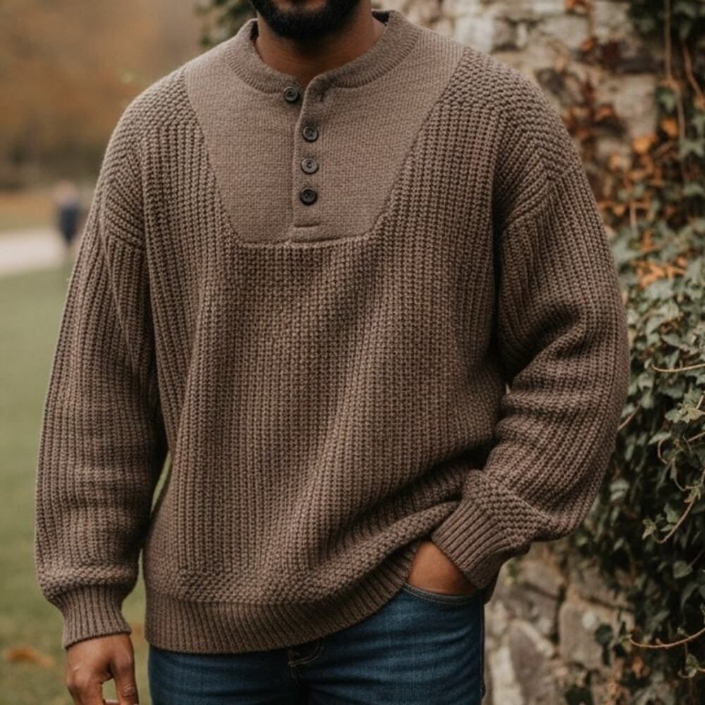 CLUB ROOM Designer Stylish Men's Brown Tweed 5-Button Pullover Sweater - Size: M